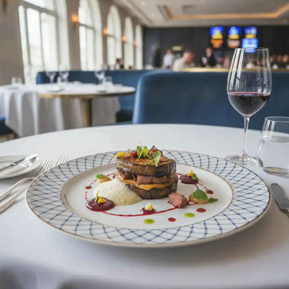 Plato gourmet finamente presentado en un restaurante de autor dentro de un hotel casino