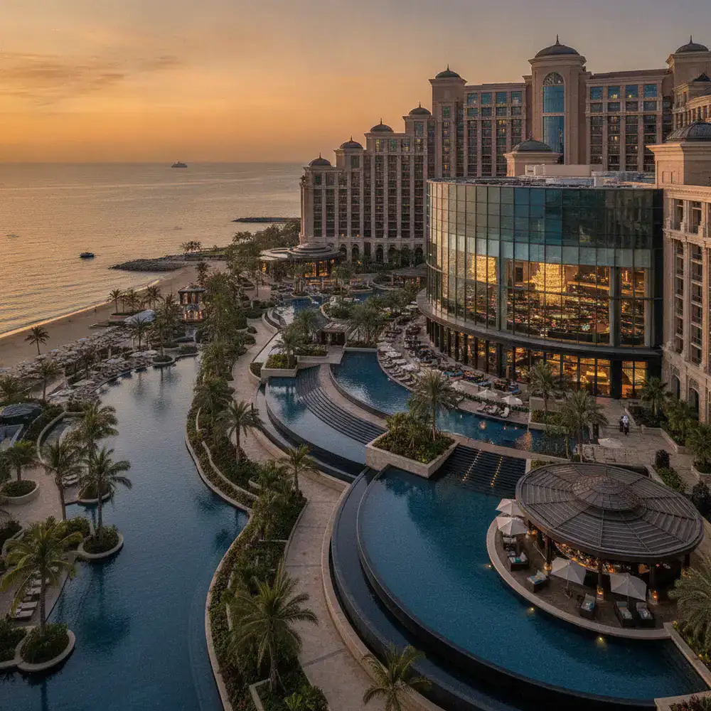 Vista panorámica exterior de un lujoso resort y hotel casino al atardecer