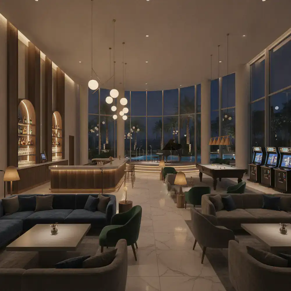Elegante salón de entretenimiento y zona de ocio en un resort nocturno