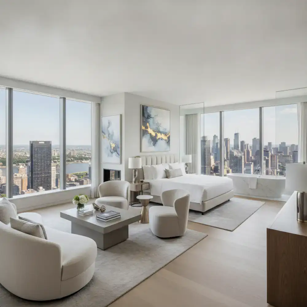 Amplia suite de lujo con vistas panorámicas a la ciudad y decoración contemporánea